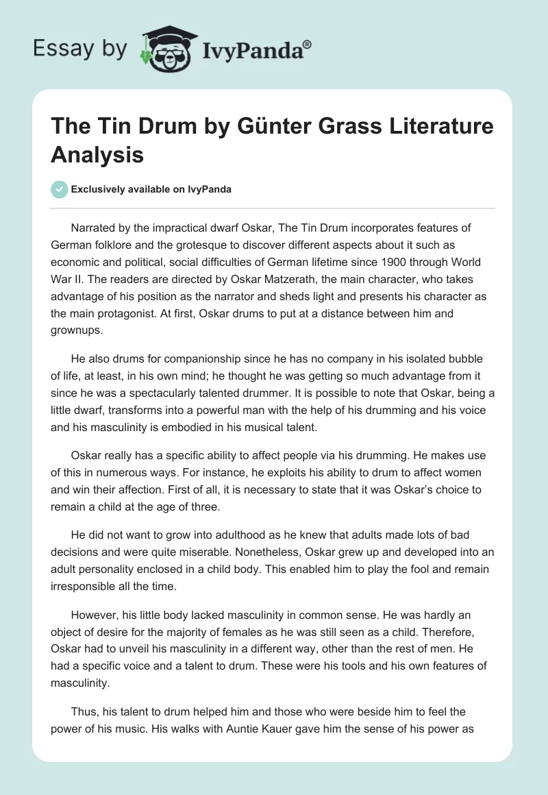 "The Tin Drum" by Günter Grass Literature Analysis. Page 1