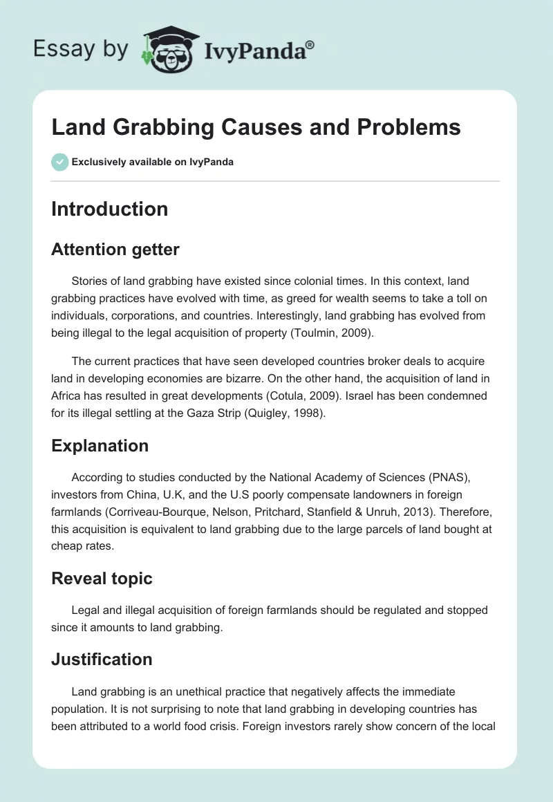 Land Grabbing Causes and Problems. Page 1