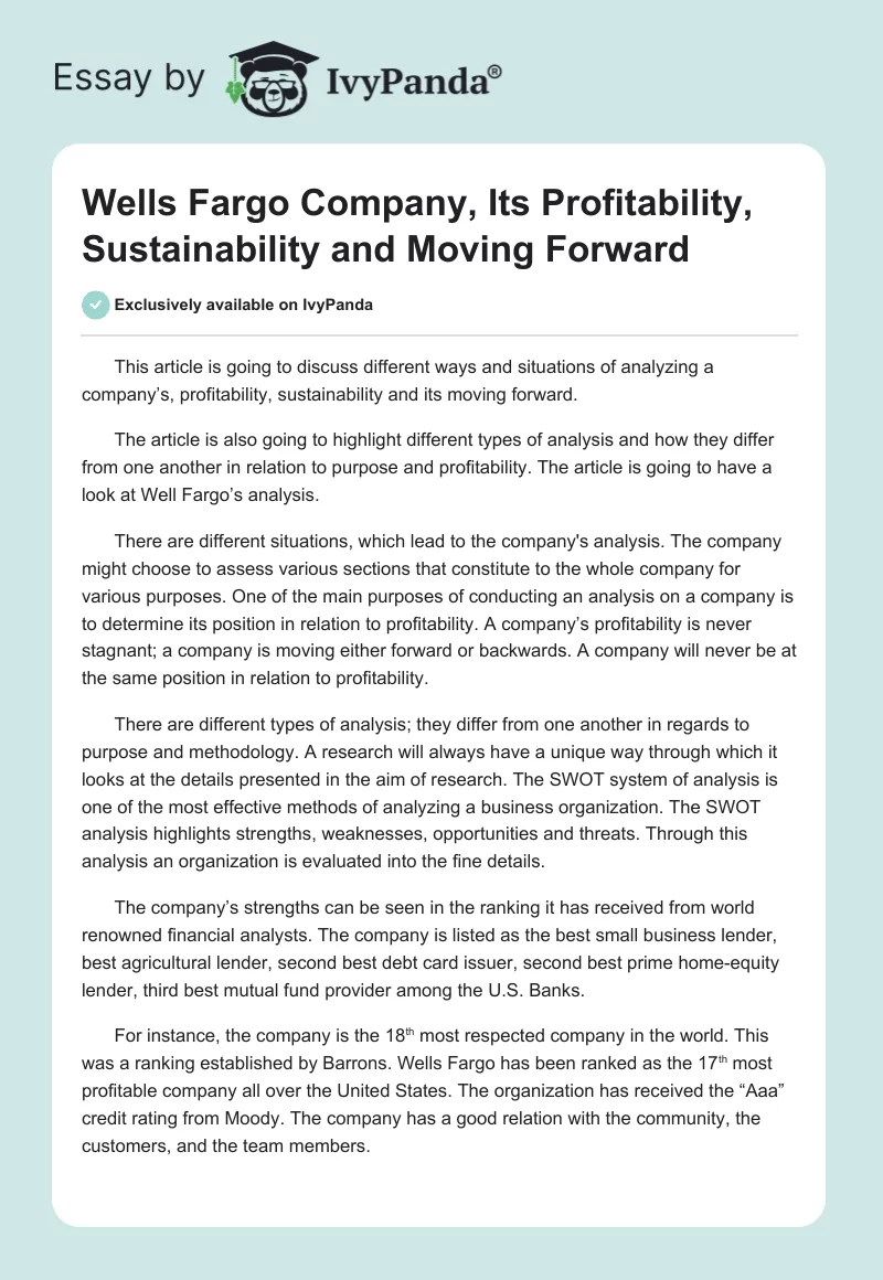 Wells Fargo Company, Its Profitability, Sustainability and Moving Forward. Page 1