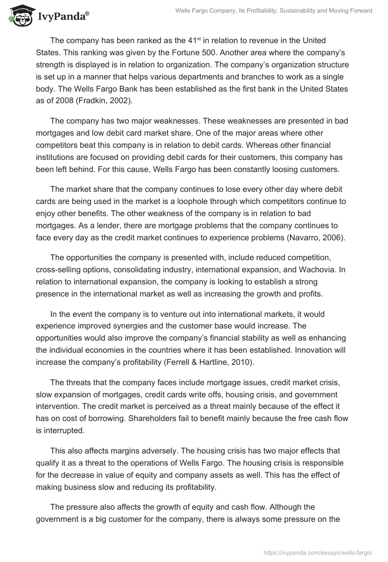 Wells Fargo Company, Its Profitability, Sustainability and Moving Forward. Page 2