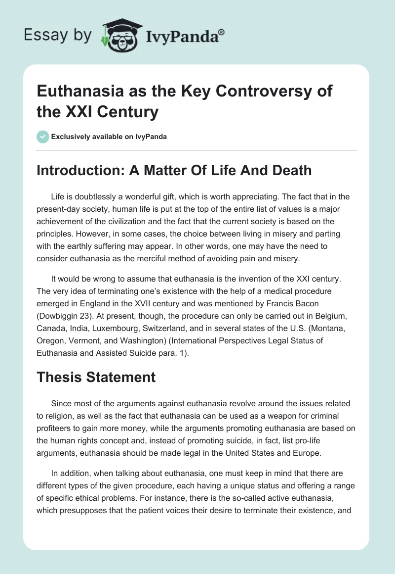 Euthanasia as the Key Controversy of the XXI Century. Page 1