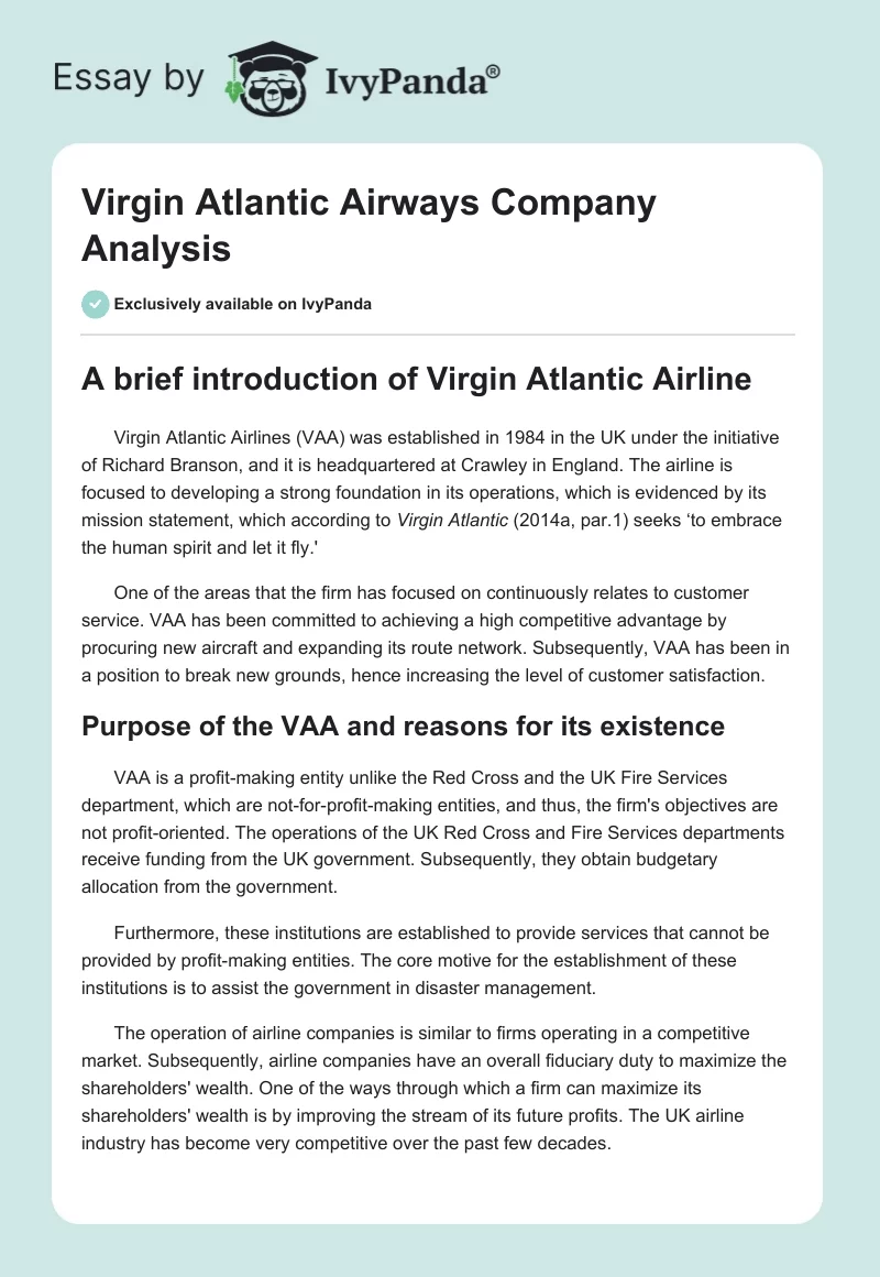 Virgin Atlantic Airways Company Analysis. Page 1