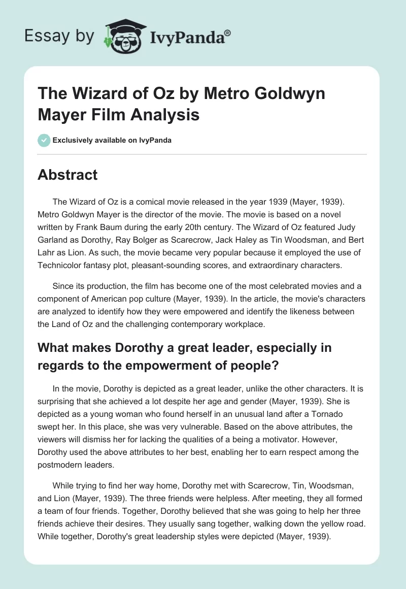 "The Wizard of Oz" by Metro Goldwyn Mayer Film Analysis. Page 1