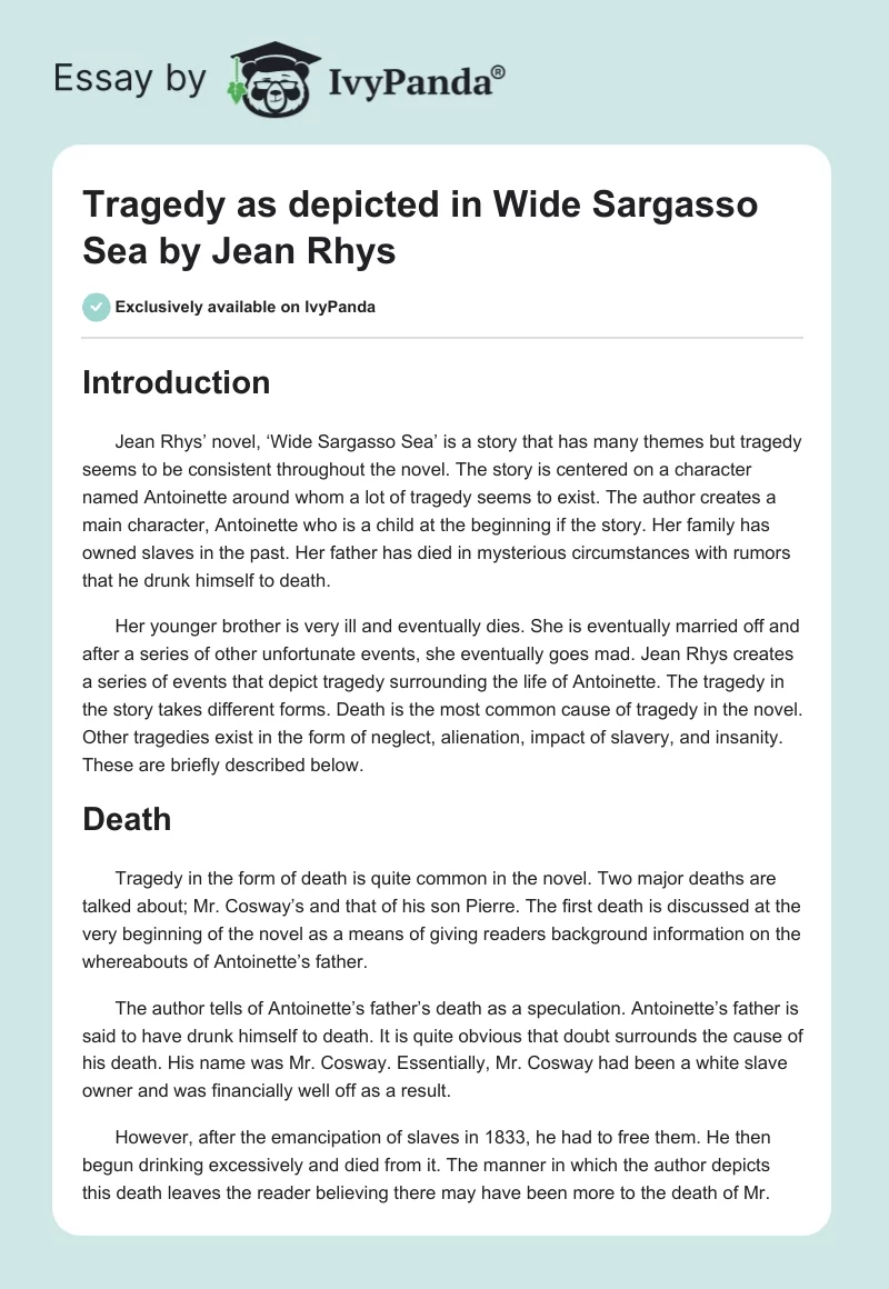 Tragedy as depicted in Wide Sargasso Sea by Jean Rhys. Page 1