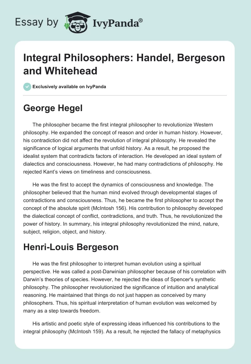 Integral Philosophers: Handel, Bergeson and Whitehead. Page 1