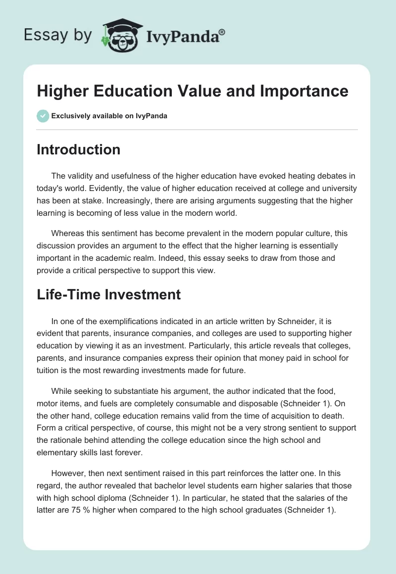 Higher Education Value and Importance. Page 1