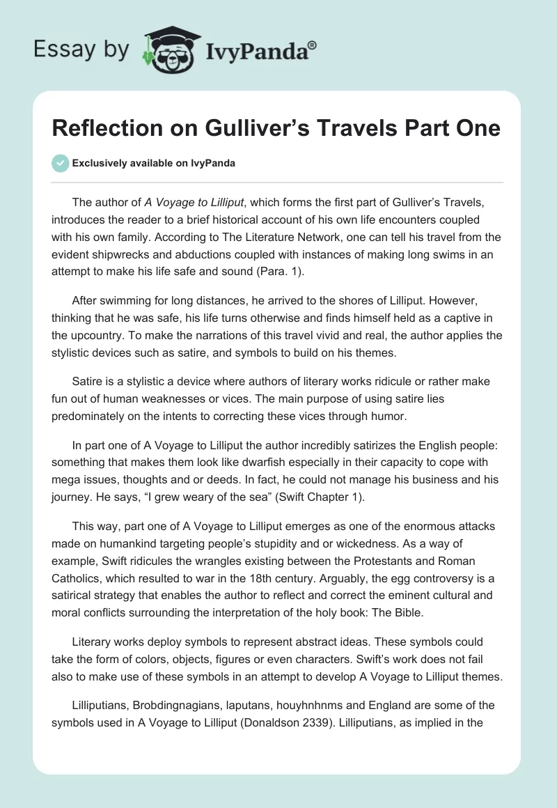 Reflection on Gulliver’s Travels Part One. Page 1