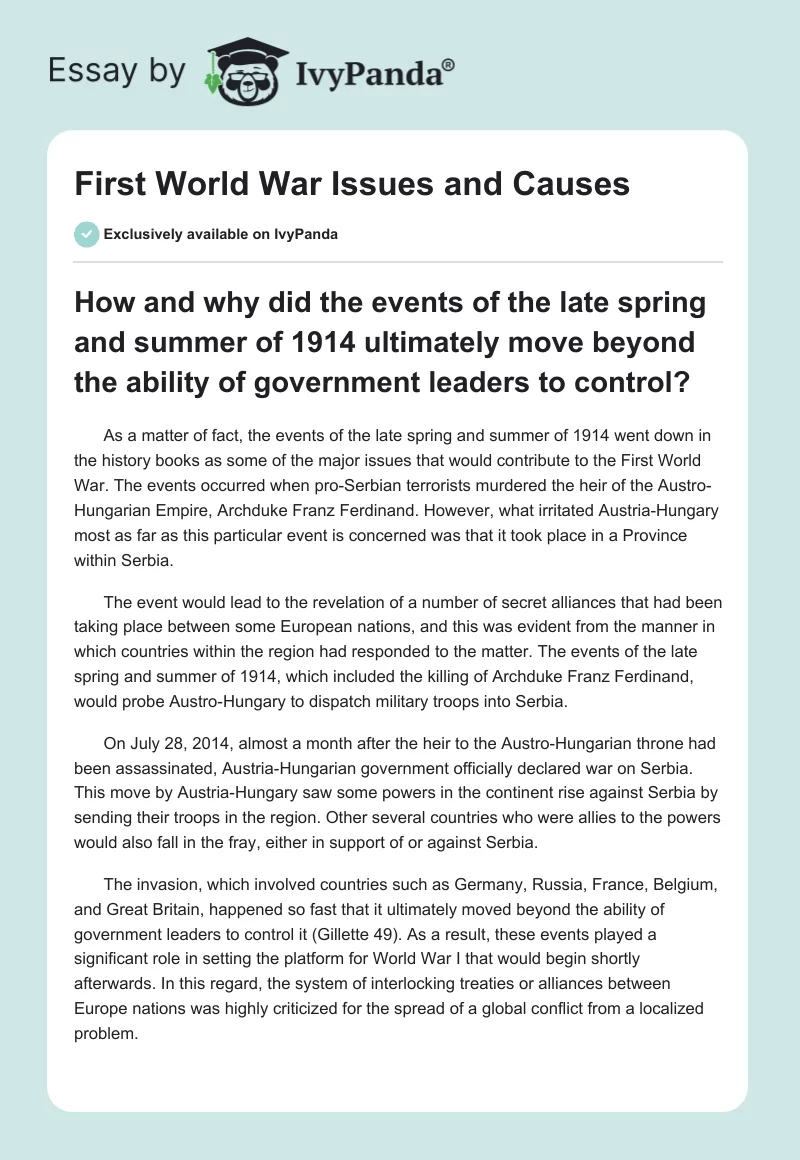First World War Issues and Causes. Page 1