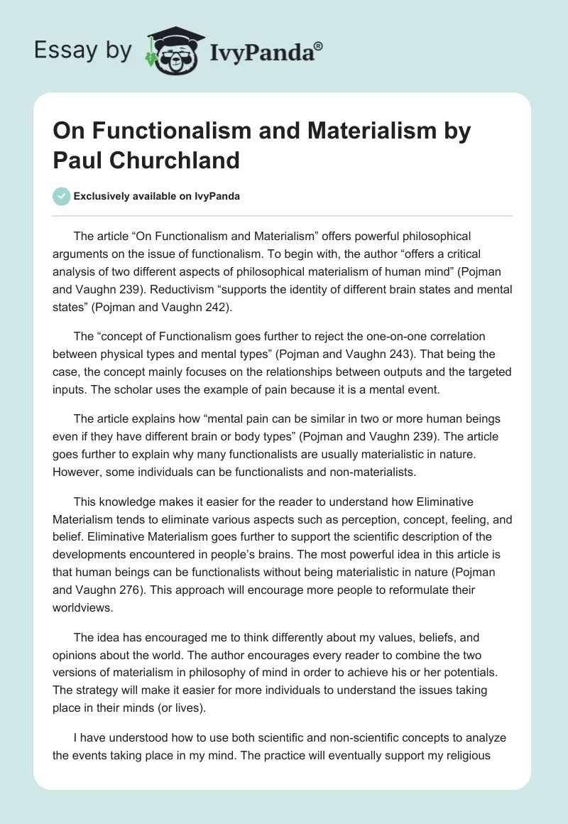 "On Functionalism and Materialism" by Paul Churchland. Page 1