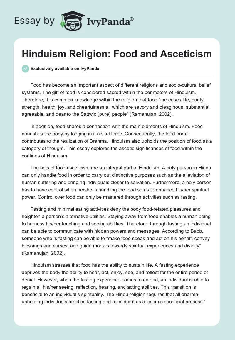 Hinduism Religion: Food and Asceticism. Page 1