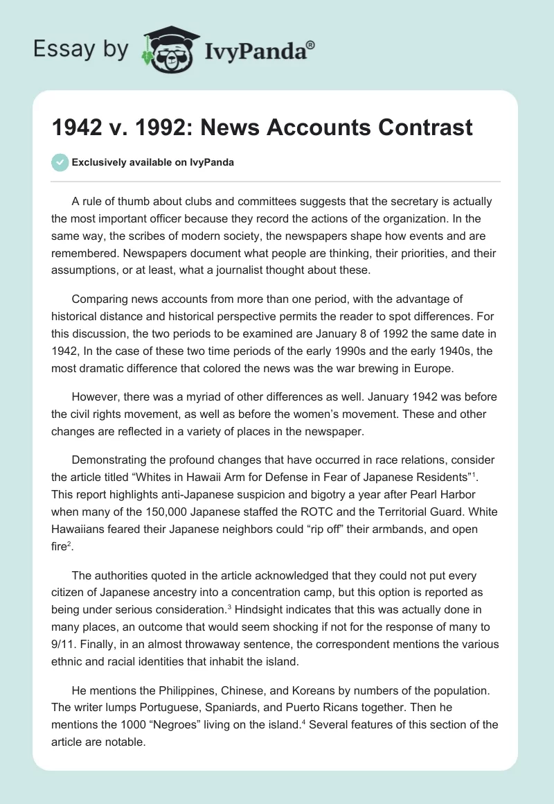 1942 v. 1992: News Accounts Contrast. Page 1