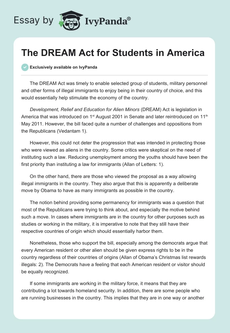 The DREAM Act for Students in America. Page 1