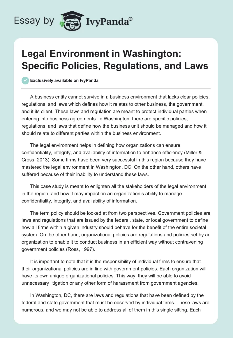 Legal Environment in Washington: Specific Policies, Regulations, and Laws. Page 1