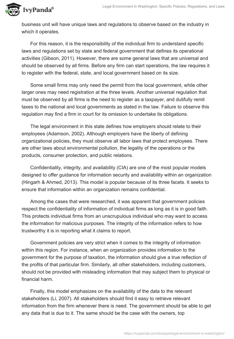 Legal Environment in Washington: Specific Policies, Regulations, and Laws. Page 2