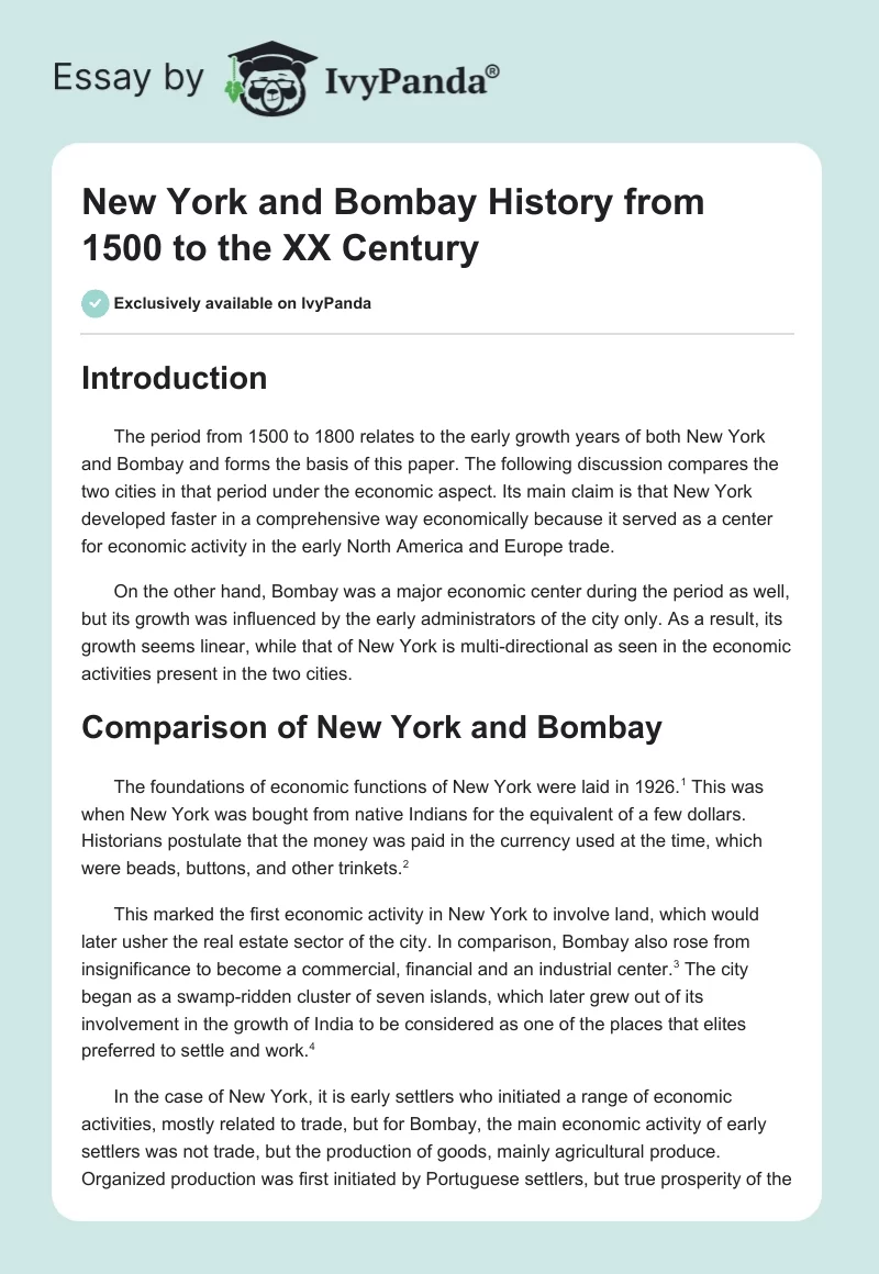 New York and Bombay History From 1500 to the XX Century. Page 1