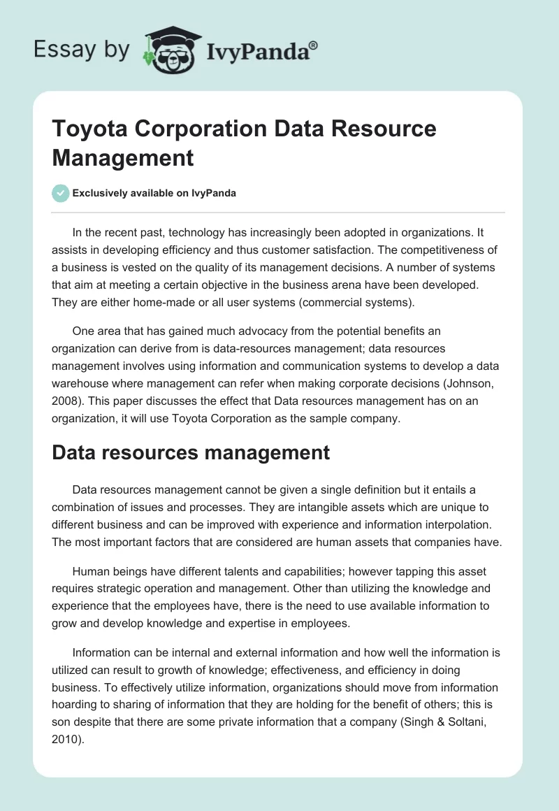 Toyota Corporation Data Resource Management. Page 1