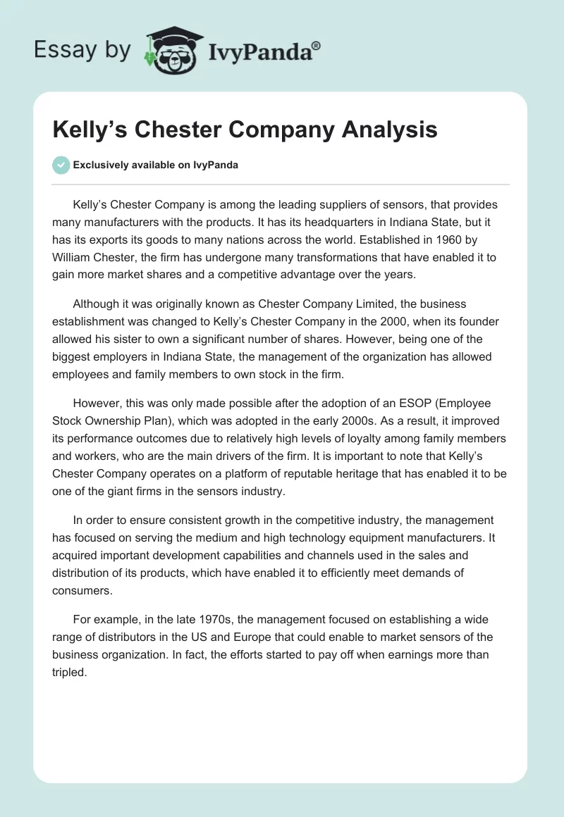 Kelly’s Chester Company Analysis. Page 1