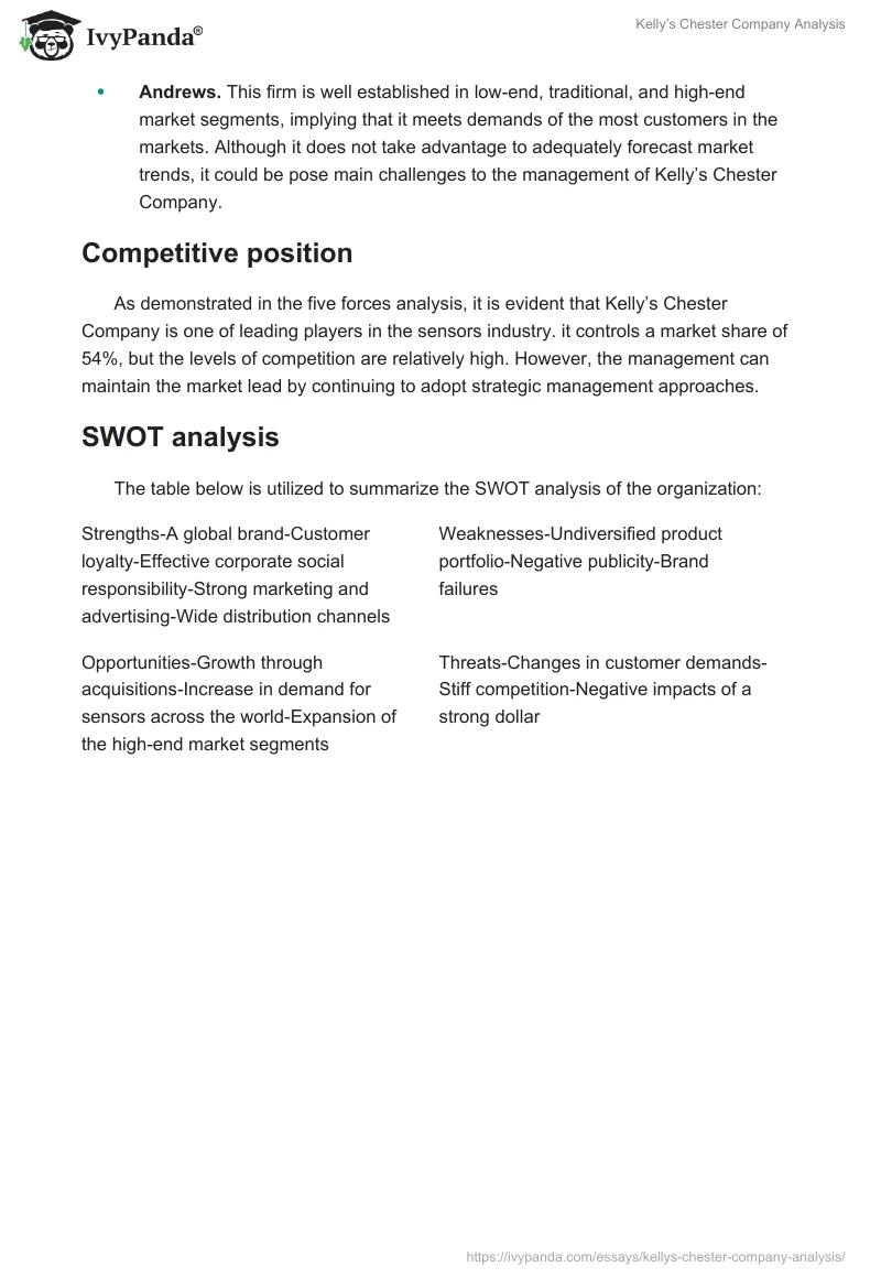 Kelly’s Chester Company Analysis. Page 4