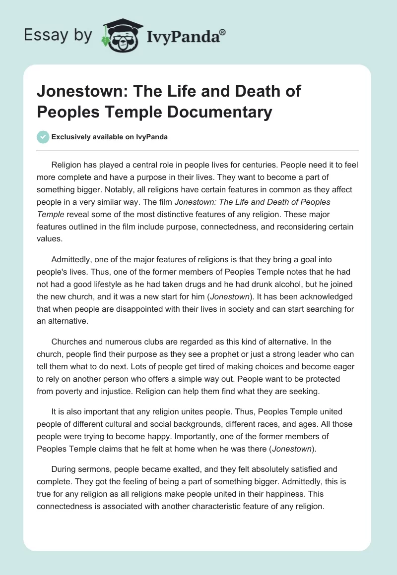 "Jonestown: The Life and Death of Peoples Temple" Documentary. Page 1