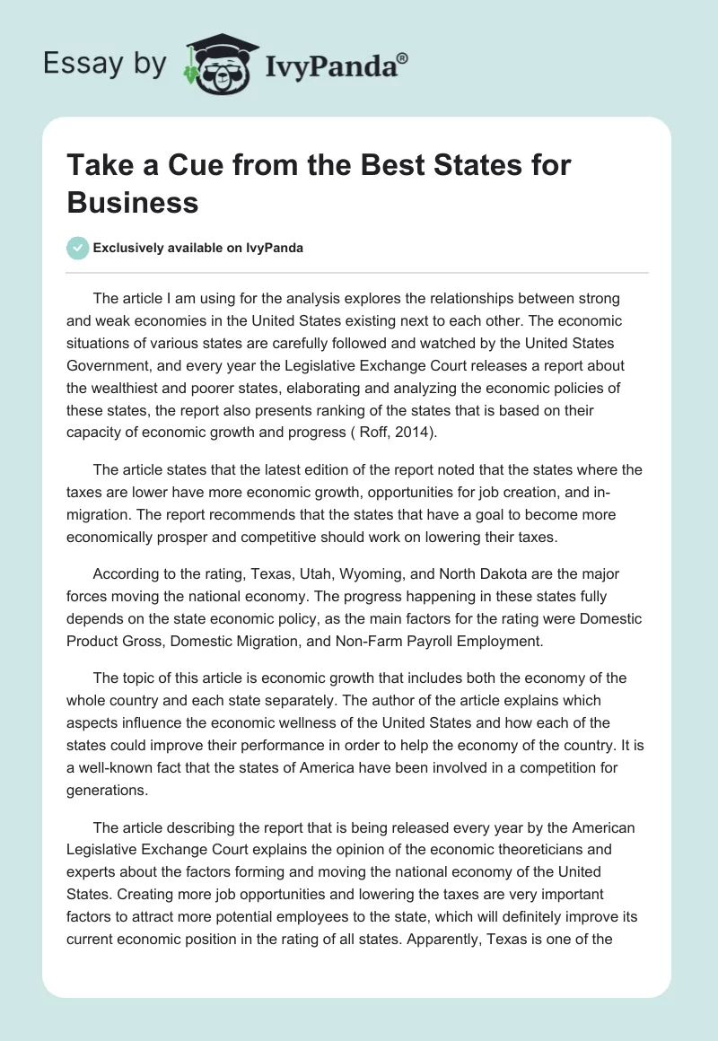 "Take a Cue from the Best States for Business". Page 1