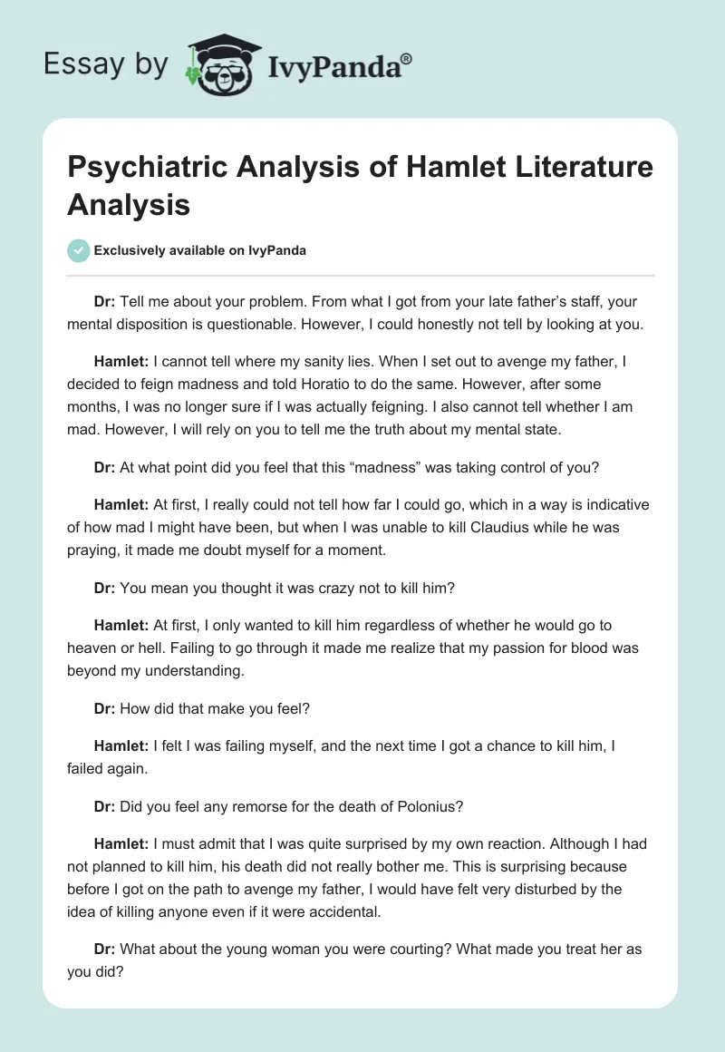 Psychiatric Analysis of Hamlet Literature Analysis. Page 1