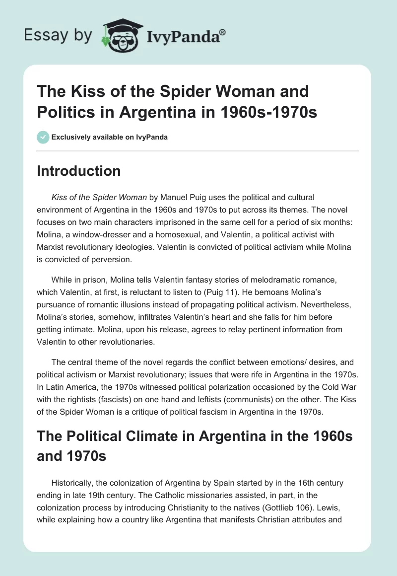 The Kiss of the Spider Woman and Politics in Argentina in 1960s-1970s. Page 1