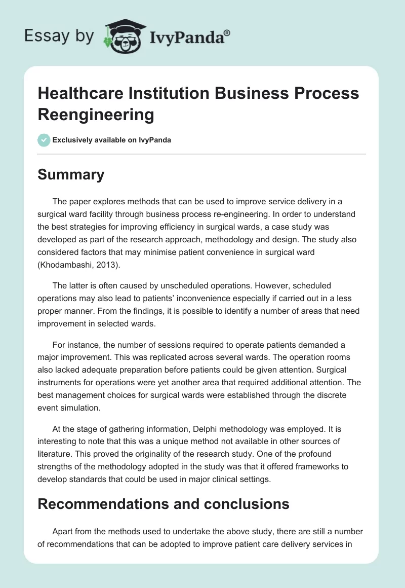 Healthcare Institution Business Process Reengineering. Page 1