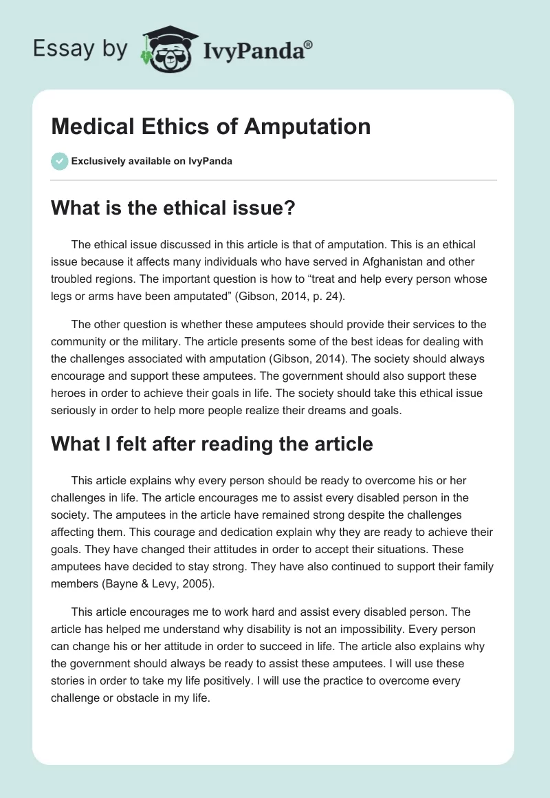 Medical Ethics of Amputation. Page 1