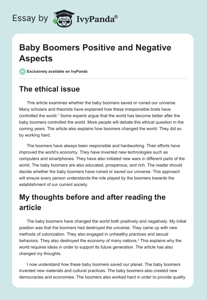Baby Boomers Positive and Negative Aspects. Page 1