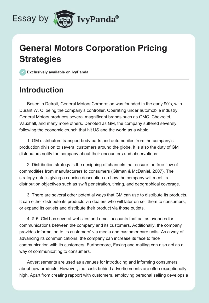 General Motors Corporation Pricing Strategies. Page 1