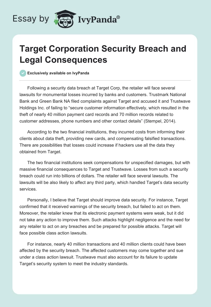Target Corporation Security Breach and Legal Consequences. Page 1