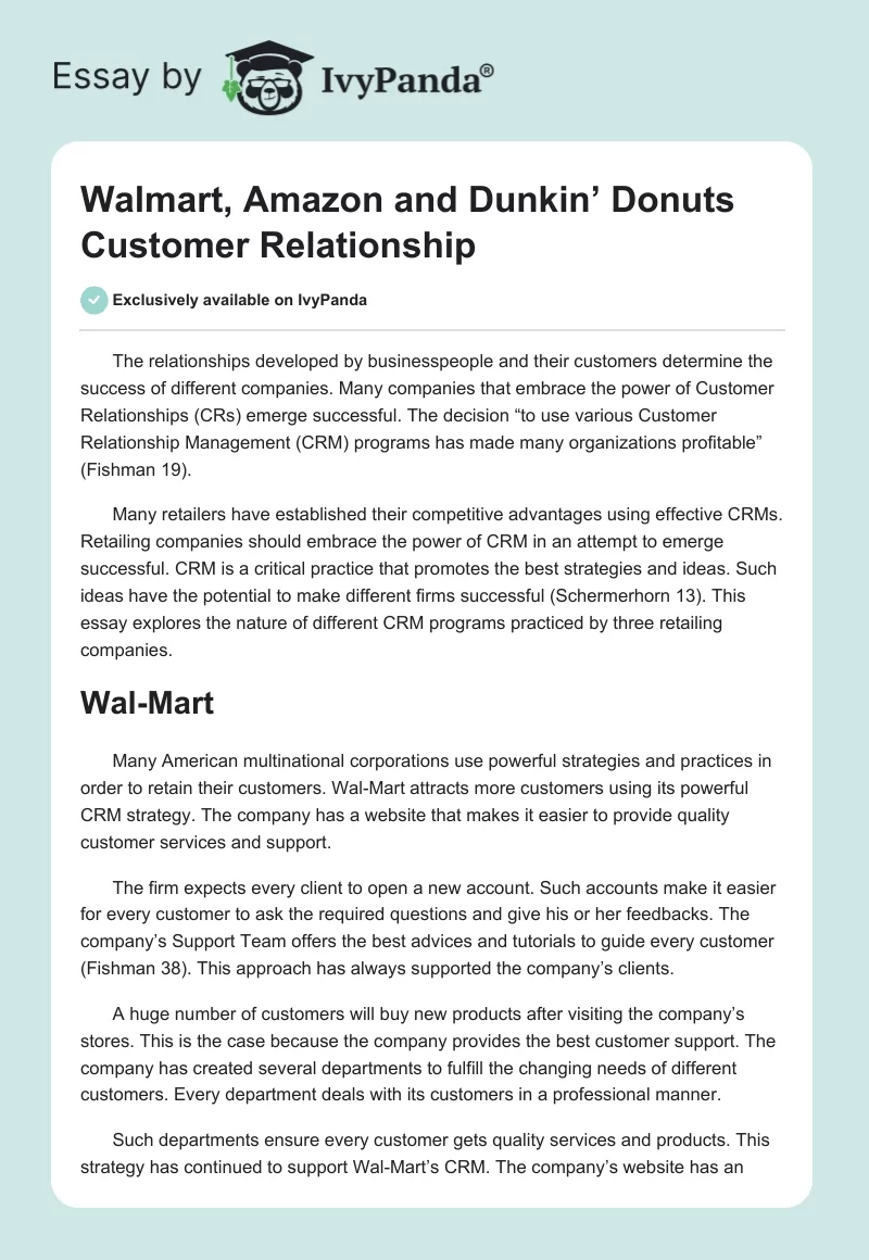 Walmart, Amazon and Dunkin’ Donuts Customer Relationship. Page 1