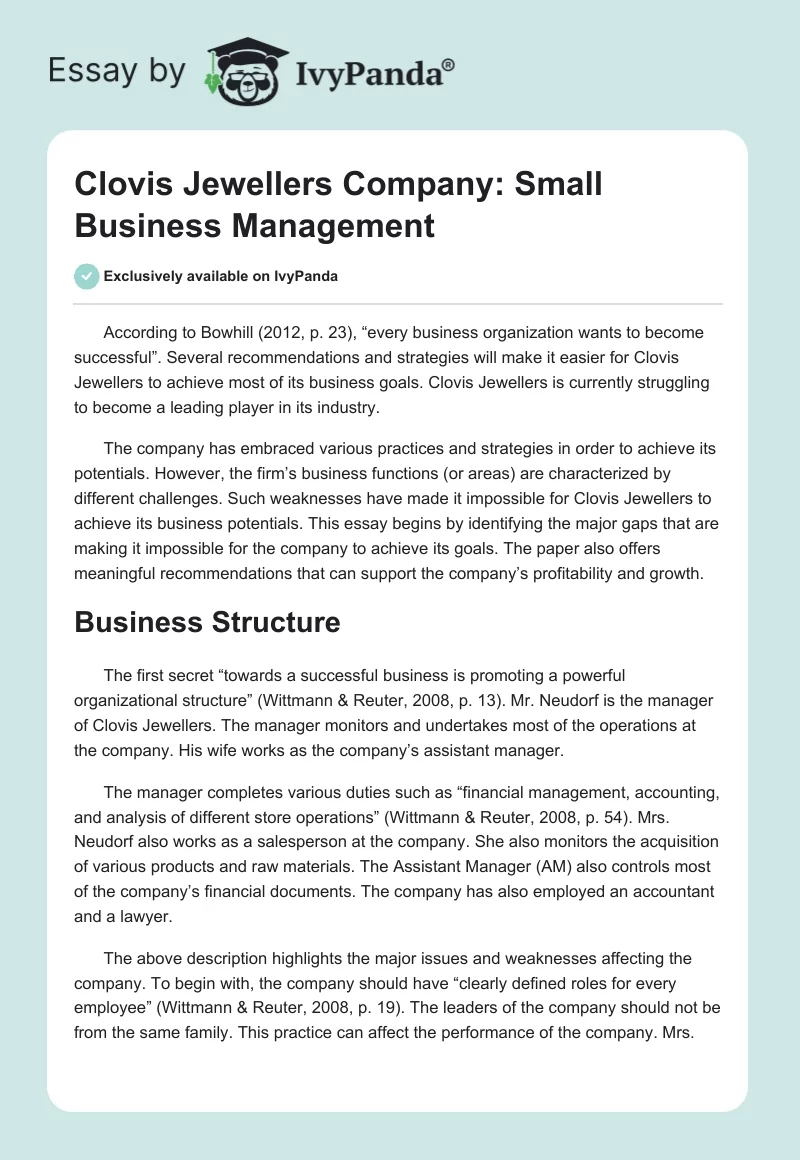 Clovis Jewellers Company: Small Business Management. Page 1