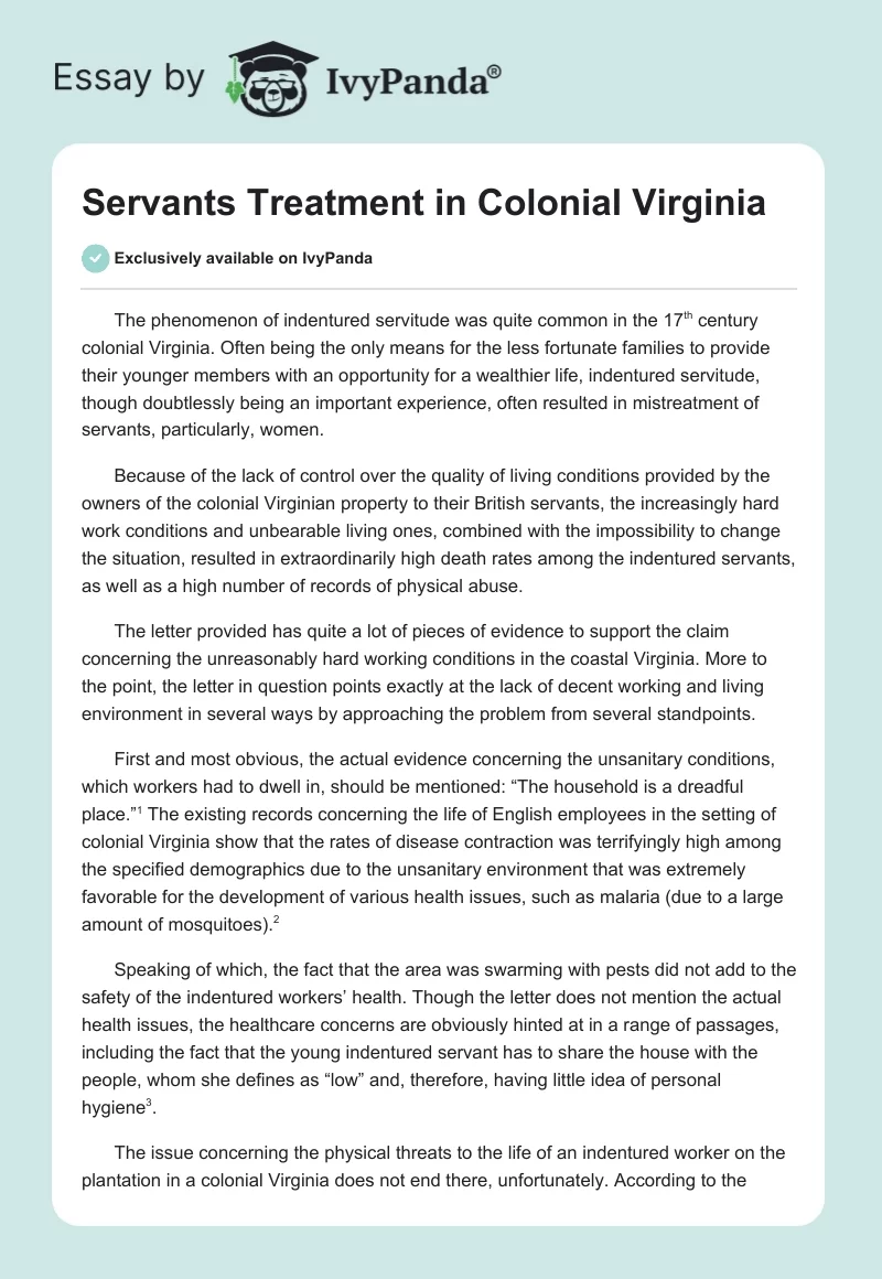 Servants Treatment in Colonial Virginia. Page 1