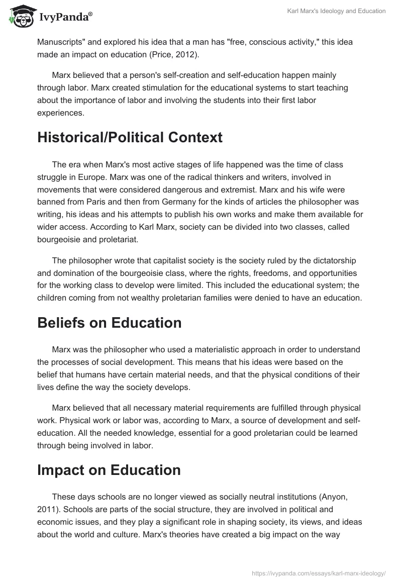 Karl Marx's Ideology and Education. Page 2
