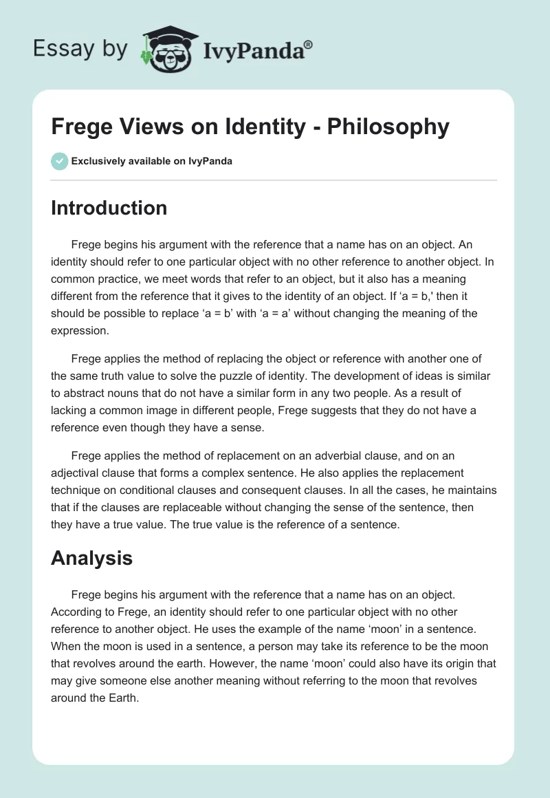 Frege Views on Identity - Philosophy. Page 1