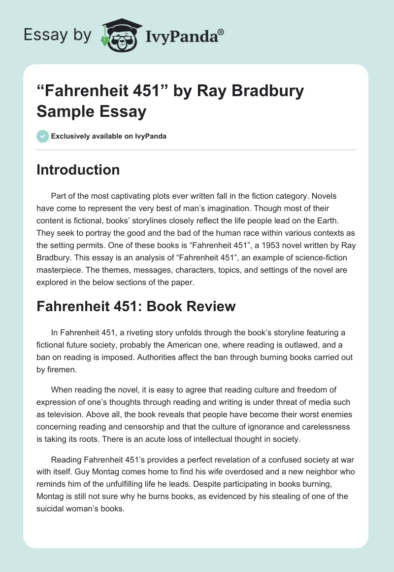 “Fahrenheit 451” by Ray Bradbury Sample Essay. Page 1