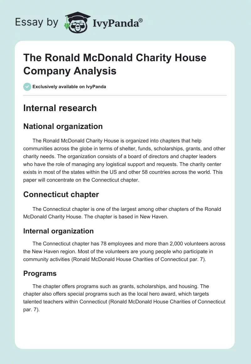 The Ronald McDonald Charity House Company Analysis. Page 1