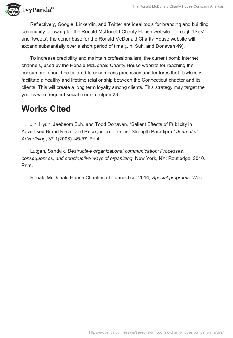 The Ronald McDonald Charity House Company Analysis. Page 3