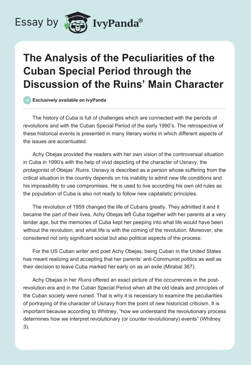 The Analysis of the Peculiarities of the Cuban Special Period through the Discussion of the Ruins’ Main Character. Page 1