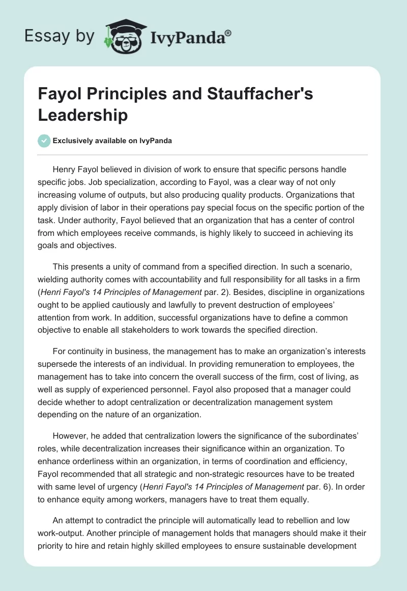 Fayol Principles and Stauffacher's Leadership. Page 1