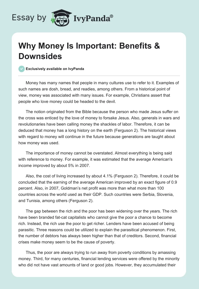 Why Money Is Important: Benefits & Downsides. Page 1