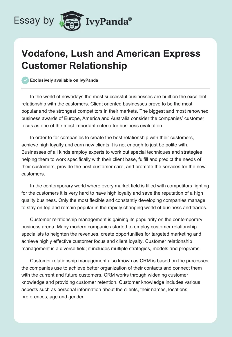 Vodafone, Lush and American Express Customer Relationship. Page 1