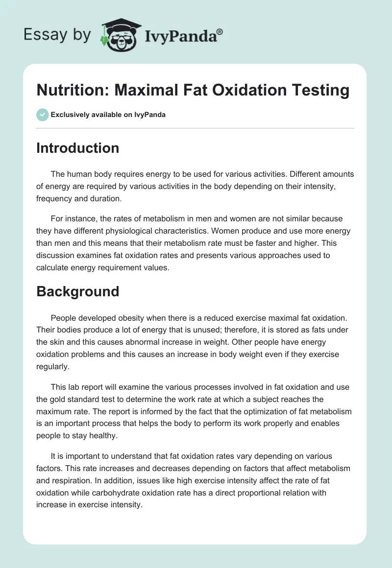 Nutrition: Maximal Fat Oxidation Testing. Page 1