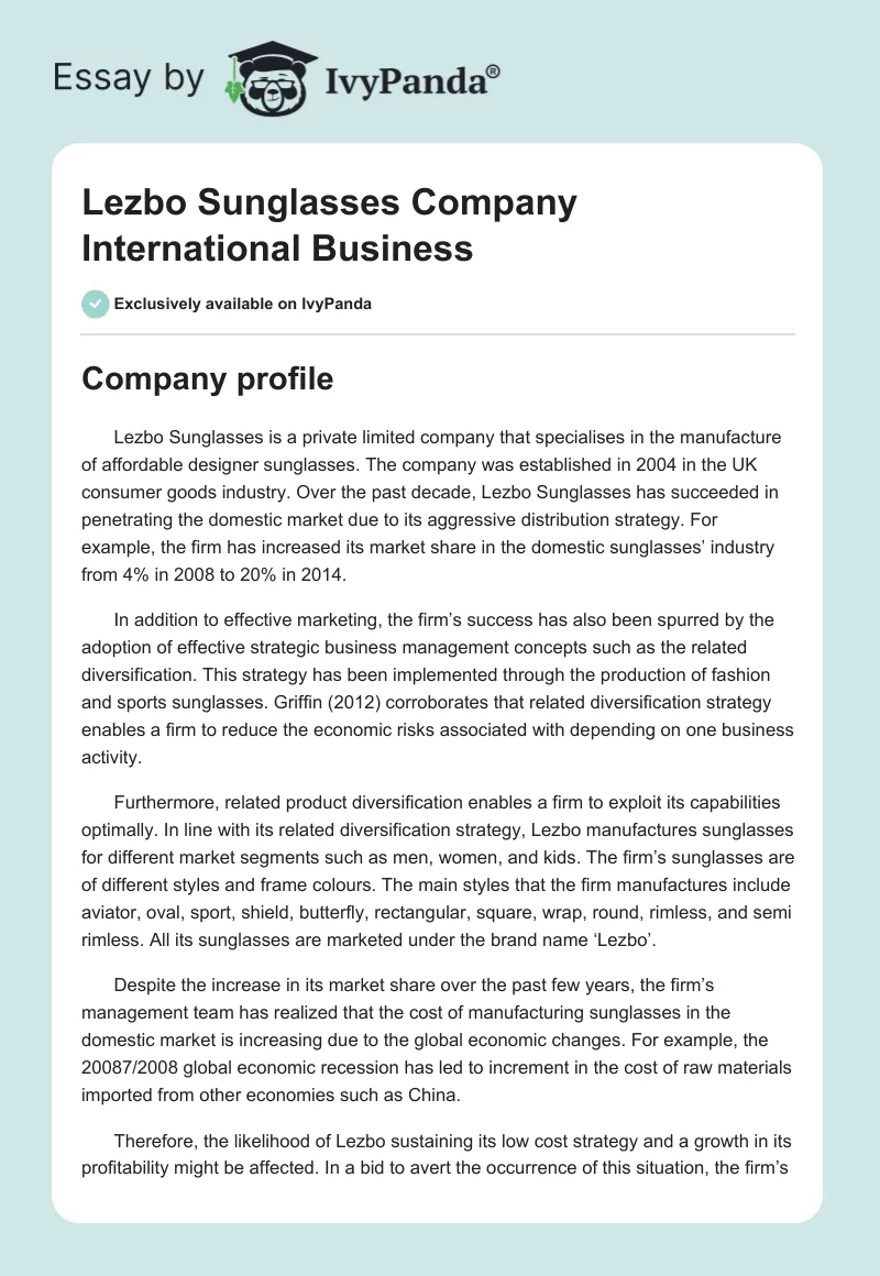 Lezbo Sunglasses Company International Business. Page 1