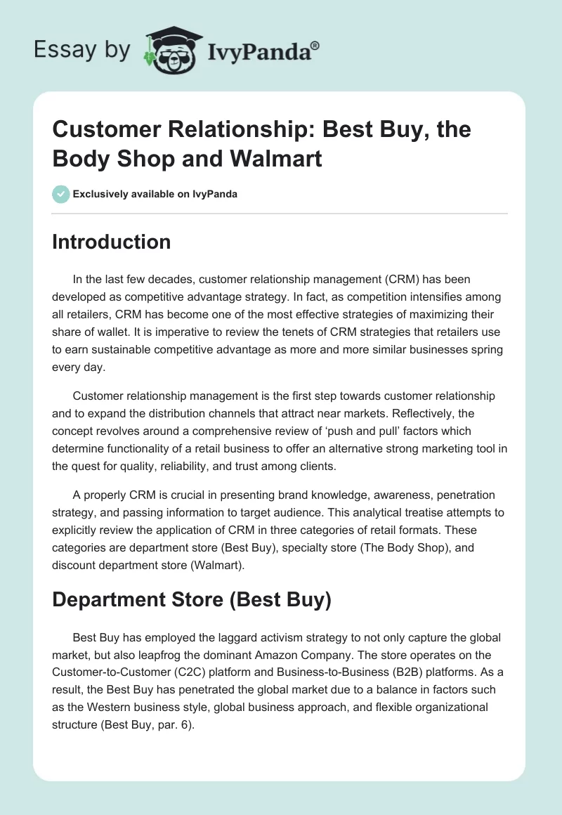 Customer Relationship: Best Buy, the Body Shop and Walmart. Page 1