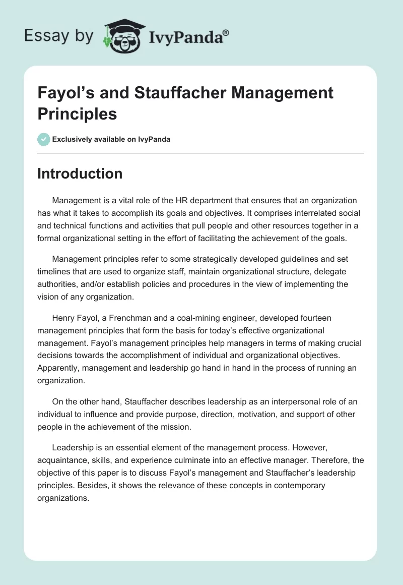 Fayol’s and Stauffacher Management Principles. Page 1