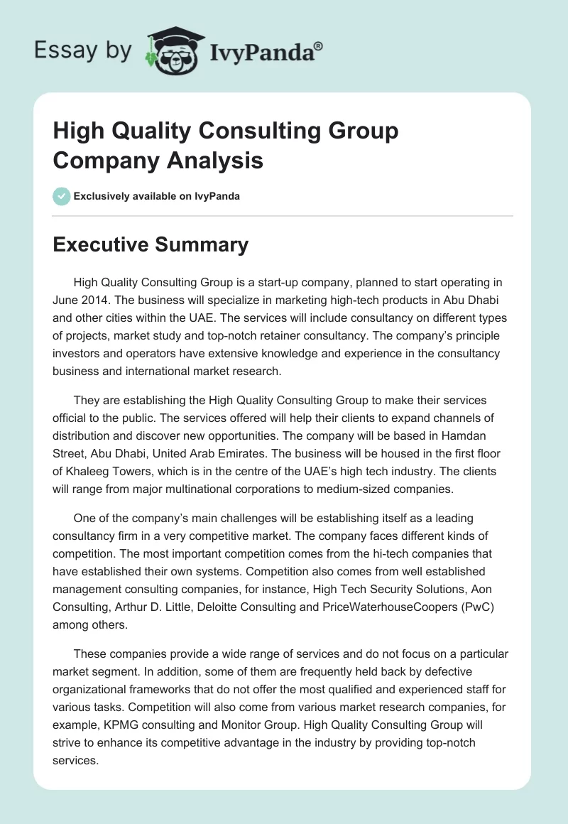 High Quality Consulting Group Company Analysis. Page 1