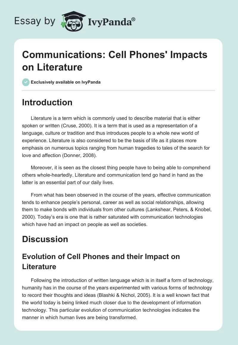 Communications: Cell Phones' Impacts on Literature. Page 1