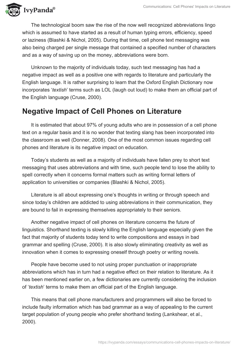 Communications: Cell Phones' Impacts on Literature. Page 3